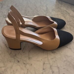 Tan and black sling backs